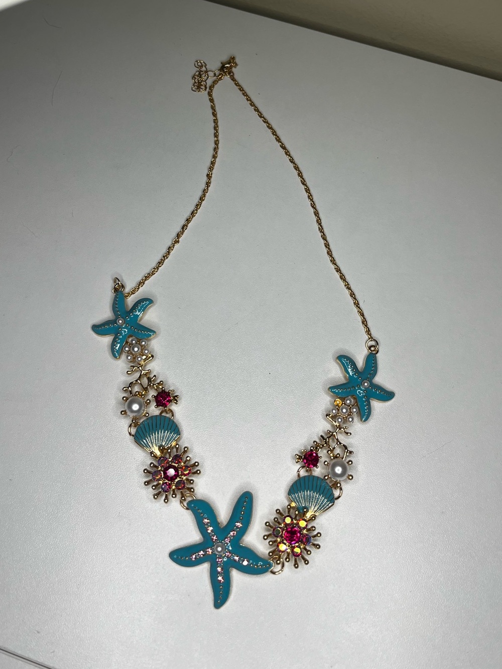 Turquoise Enamel Starfish Shell Statement Necklace Faux Pearl Beach Goldtone